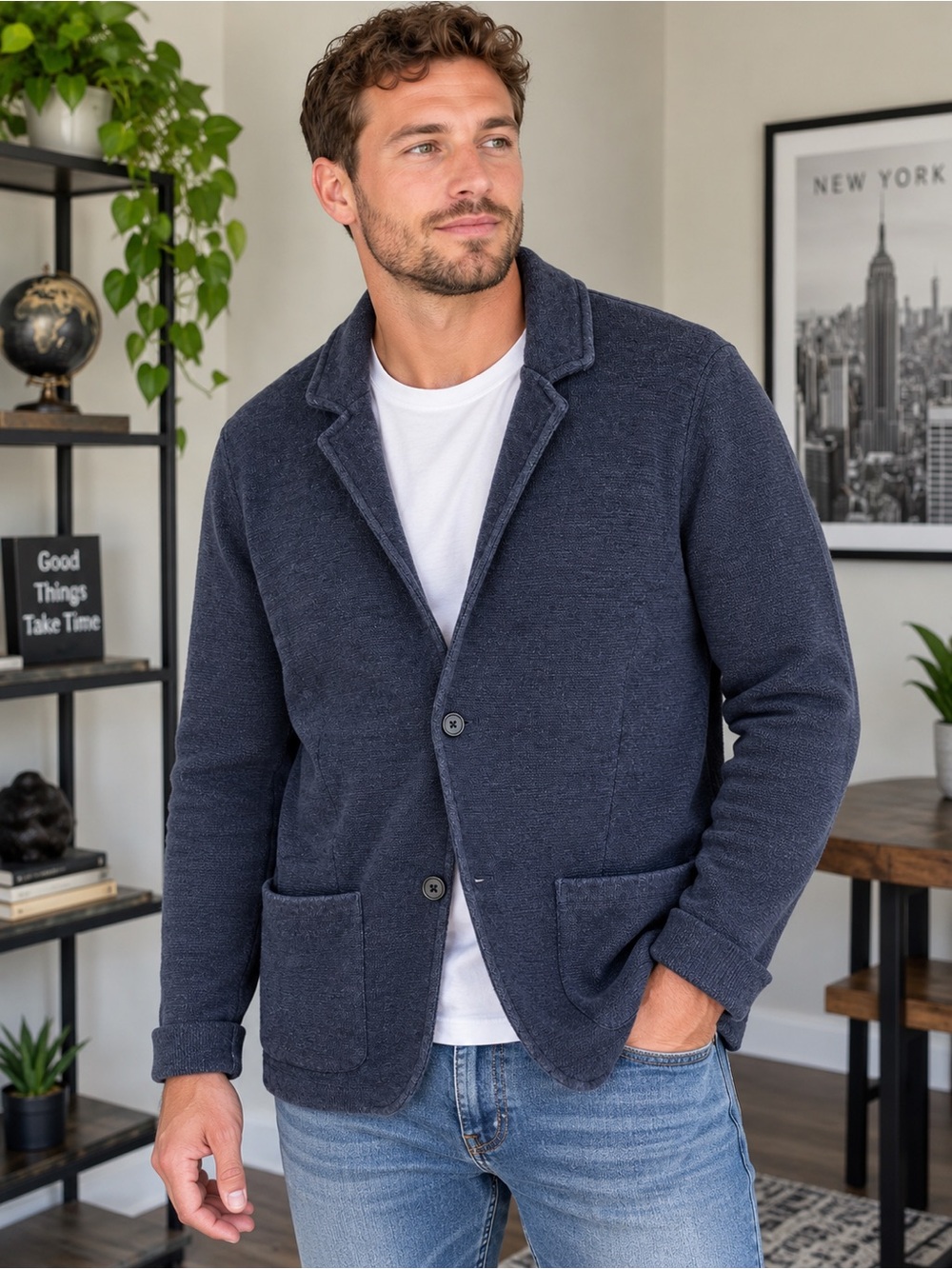 Banana Republic Men's Navy Blue Knit Cardigan Blazer